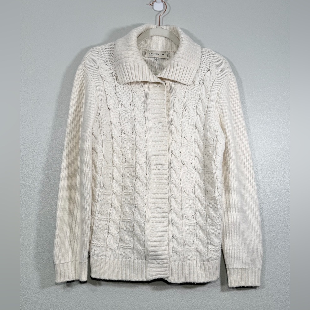 Jones New York Sport Cardigan White Knit Sweater Buttons Collared Neck Women L